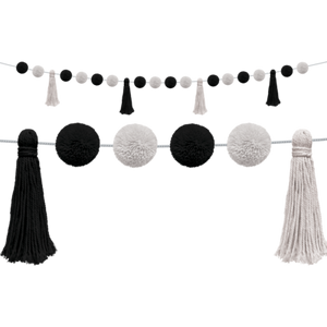 Black and White Pom Poms and Tassels Garland